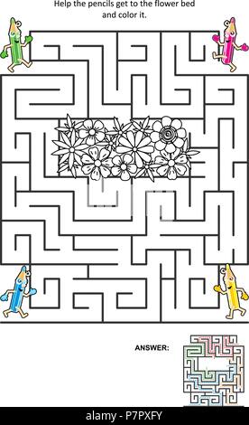 Labyrinth-spiel oder Aktivität Seite für Kinder: Hilfe die Bleistifte im Blumenbeet und Farbe. Antwort enthalten. Stock Vektor