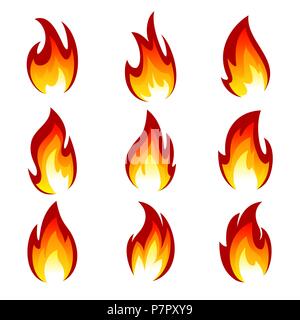 Flammen in verschiedenen Formen auf einem weißen Hintergrund. Stock Vektor