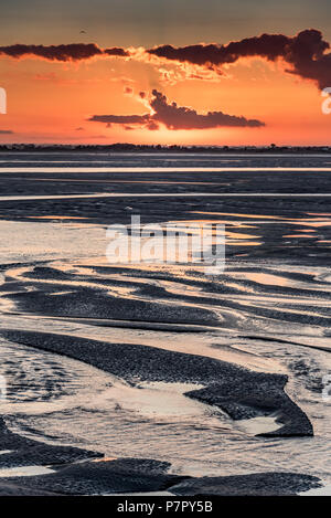 Orange sunrise Licht an der Mündung der Somme River. Der Himmel ist in den Pfützen der Ebbe wider Stockfoto