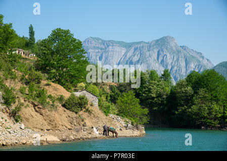 Mit dem Boot von Fierze zu Komani am Fluss Drin, Albanien Stockfoto