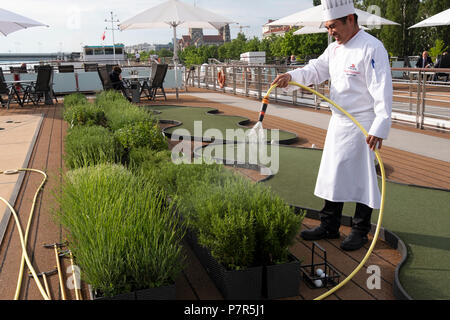 Ein Kreuzfahrtschiff Küchenchef Gewässern seinen Kräutergarten auf dem oberen Deck, während auf der Donau in Wien, Österreich angedockt Stockfoto