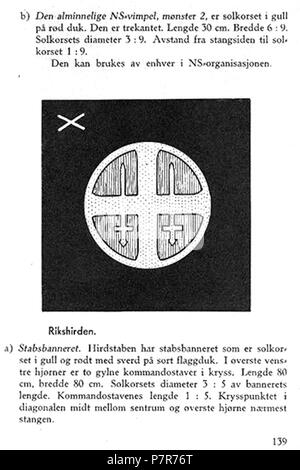 Norsk Bokmål: NS Nasjonal Samling Aarbok 1944 s139 uniformer (Rikshirden flagg) Norsk Bokmål: og Uniformer Merker für Nasjonal Samling (NS), Vidkun Quislinge nasjonalsosialistiske Parti 1933 - 1945. Beskåret, lavoppløst Foto fra PDF med sideoppslag fra NS Årbok 1944" utgitt av trykt propagandaledelsen "og hos Mariendals boktrykkeri, Gjøvik 1943: http://krigsbilder.net/coppermine/albums/NS-AARBOK1944/NS rbok 1944.pdf (Nasjonal Samling (NS) opphørte ved slutten av Andre verdenskrig i Europa i Mai 1945. I 2015 er det über 70 år siden utgivelsen, og derfor innholdet Antas å Falle i det Fri ifølge n Stockfoto