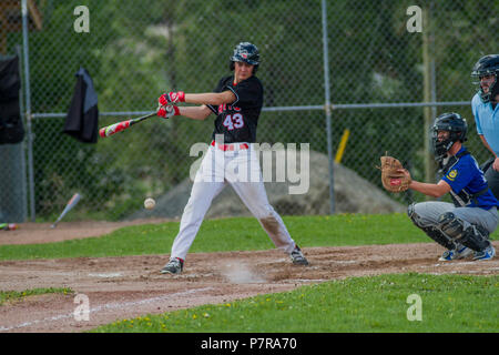 Teig schlagen Foul Ball, Ball springt vor der Platte, jungen Nachmittag junior Baseball Spiel. Cranbrook, BC. Stockfoto