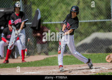 Batter schwingen und nur über Kontakt mit Baseball zu machen, jungen Nachmittag junior Baseball Spiel. Cranbrook, BC. Stockfoto