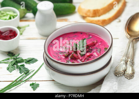 Kalte Frische traditionelle pflanzliche Sommer Suppe aus roten Rüben (Zuckerrüben), Gurke, Dill, Petersilie, Frühlingszwiebeln, Eier und saure Sahne (kefir). Holodnik. bor Stockfoto