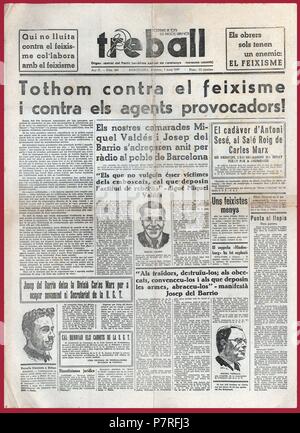 España. Guerra Civil (1936-1939). Periódico" Portada del Treball, editado por el Órgano Central del Partit Socialista Unificat de Catalunya, PSUC. Barcelona, Mayo de 1937. Stockfoto