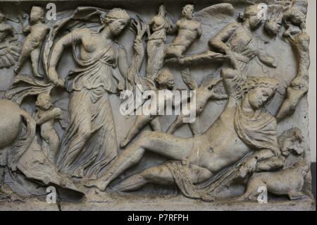 Römischer Sarkophag. Endymion und Selene (Artemis). Marmor, 2. Jh. n. Chr.. Detail. Nationales Archäologisches Museum, Naples. Italien. Stockfoto