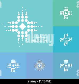 Abstrakte halftone medizinische Kreuzsymbol, modernes Design, neue medizinische Technologie, Pharmazie logo, Science Laboratory eqipment, pharmazeutische Forschung und Entwicklung Vector Icons, Logo Konzept gesetzt. Stock Vektor