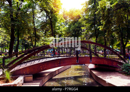 Niska Banja, Serbien - Juli 02, 2018: Retro auf hölzernen Brücke im Naturpark und Resort am kleinen Fluss mit heilenden Wasser. Sonnenuntergang im Kurpark Landschaft Stockfoto