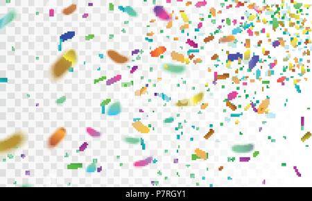 Vektor Illustration realistische buntes Konfetti, glitzert isoliert auf eine transparente karierten Hintergrund. Festliche, party Hintergrund. Urlaub dekorative Lametta Element für Design. EPS 10. Stock Vektor