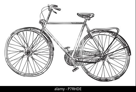 Vektor hand drawin Fahrrad, Abbildung in schwarz auf weißem Hintergrund. Stock Vektor