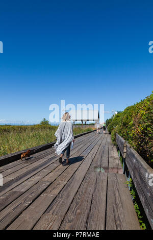 Menschen zu Fuß entlang der Holzsteg neben den Fraser River in Steveston, British Columbia. Stockfoto