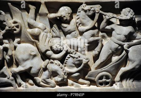 Römischer Sarkophag mit der Darstellung eines Karren Rennen im Zirkus. Detail. Ende der Antonine Ära. Unbekannter Künstler. Marmor. National Gallery. Oslo. Norwegen. Stockfoto