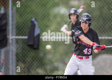 Batter schwingen und nur über Kontakt mit Baseball zu machen, jungen Nachmittag junior Baseball Spiel. Cranbrook, BC. Stockfoto