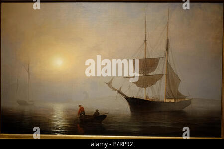 Englisch: Ausstellung in der Princeton University Art Museum, Princeton University, Princeton, New Jersey, USA. 1. Dezember 2016, 16:34:55 345 Schiff im Nebel, Gloucester Hafen, von Fitz Henry Lane, Amerikanische, C. 1860, Öl auf Leinwand - Princeton University Art Museum - DSC 06946 Stockfoto