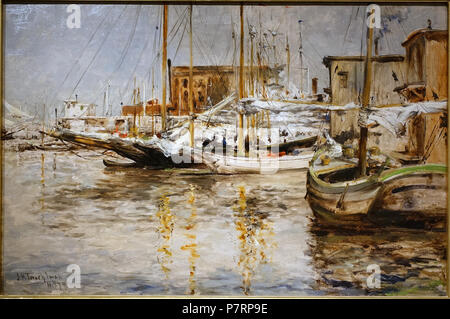 Englisch: Ausstellung in der Princeton University Art Museum, Princeton University, Princeton, New Jersey, USA. 1. Dezember 2016, 16:51:10 298 Oyster Boote von John Henry Twachtman, amerikanischen, 1879, Öl auf Leinwand - Princeton University Art Museum - DSC 06994 Stockfoto