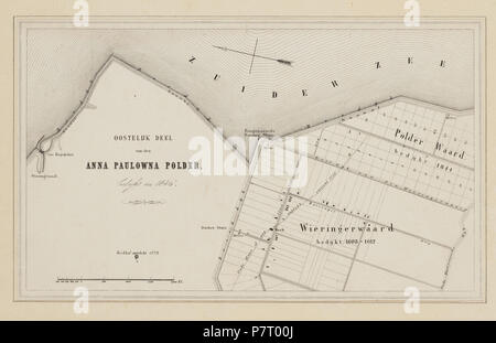 Kaart met Het oostelijk Deel van de Anna paulowna Polder en Delen van de Waardpolder en de Wieringerwaard, waarop de Jaren van zijn bedijking vermeld. Ook het 1772 ontdekte kerkhof in de Anna Paulowna Polder ist aangegeven. Schaalbalk Linksonder een van 2000 Ellen, middenboven een windroos. Vervaardiger: Onbekend Catalogusnummer: PR 1003199. 20 April 2016, 09:51 22 Anna Paulowna Polder en Wieringerwaard 1846 (25932367664) Stockfoto