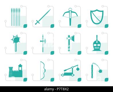 Stilisierte mittelalterliche Waffen und Objekte Symbole - Vektor Icon Set Stock Vektor