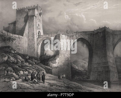3 1850, España artística y monumental, Vistas y Descripción de los Sitios y monumentos más Honoratioren de España, Vol 3, Puente de San Martín de Toledo (7/8) Stockfoto