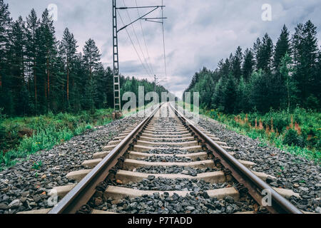 Finnland, Eisenbahnschienen whit Stromnetz für die Lokomotiven an einem bewölkten Tag Stockfoto