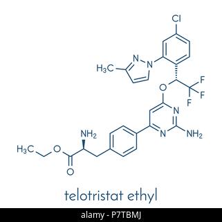 Telotristat Ethyl Wirkstoffmolekül (Tryptophan-Hydroxylase-Hemmer). Skelettformel. Stock Vektor