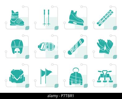 Stilisierte Ski- und Snowboardausrüstung Symbole - Vektor Icon Set Stock Vektor