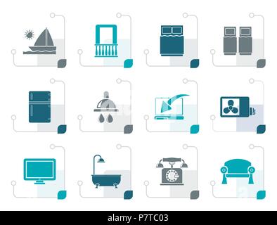 Stilisierte Hotel und Motel Zimmerausstattung Symbole - Vektor Icon Set Stock Vektor