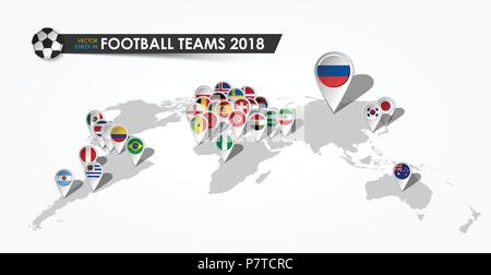 Perspektive Welt Karte und GPS-Navigator Stift mit Flagge Fußball-Nationalmannschaft 2018 in grauen Farbverlauf Hintergrund. Stock Vektor