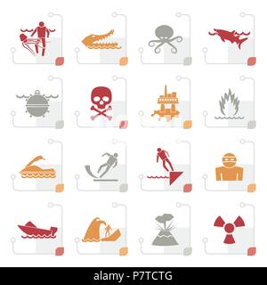 Stilisierte Warnzeichen für Gefahren im Meer, Ozean, Strand und Flüsse - Vektor Icon Set 1. Stock Vektor