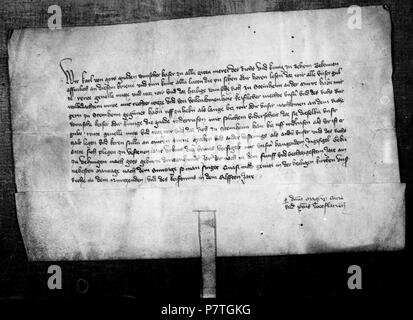 English: Urkunde: Kaiser Karl IV. erlässt den Bürgern Steinheim an der Murr sterben Abgaben, um die Stadtmauern und Gräben zu finanzieren. 21. April 1365 2 13650421 Kaiser Karl IV erlaesst Abgaben Stockfoto