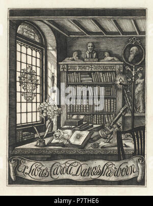 . Exlibris von Charles Davies Sherborn. Ein gelehrter Studie. Ein gelehrter Studie. Unter den gezeigten Gegenstände eine Büste von Shakespeare, ein Profil Portrait von Charles Darwin in einem roundel, Statuetten der Sphinx und der Venus von Milo, Pflanzen, ein Mikroskop und ein Bücherregal von 16.-18.Jahrhundert Bücher, worin die bibliographischen, Antiquariaten und natürlichen historischen Interessen der Charles Davies Sherborn, dann auf den ersten Band seiner Index animalium 1785-1850 ikonographische Sammlungen Keywords: Charles William Sherborn. N/A11 ist ein gelehrter Studie. Wellcome L 0042494 Stockfoto
