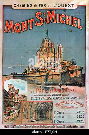 Englisch: Poster der Compagnie des chemins de fer de l'Ouest (Frankreich); Le Mont Saint Michel, Normandie, Frankreich. 3 Januar 2014, 13:30:25 14 Affiche Ouest Mont St Michel. Stockfoto