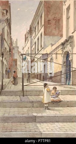 Englisch: Aquarel Gemälde von Jacques Cabarain des alten Brüssel (Rue Ravenstein Ravensteinstraat/). 1890 s 60 Carab, 09. Stockfoto