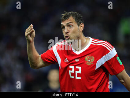 Sochi, Russland. 07 Juli, 2018. Wm-Viertelfinale zwischen Russland und Kroatien am Fisht Stadion. Russlands Artem Dzyuba. Credit: Christian Charisius/dpa/Alamy leben Nachrichten Stockfoto