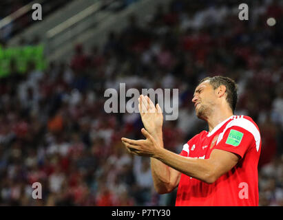 Sochi, Russland. 07 Juli, 2018. Wm-Viertelfinale zwischen Russland und Kroatien am Fisht Stadion. Russlands Artem Dzyuba. Credit: Christian Charisius/dpa/Alamy leben Nachrichten Stockfoto