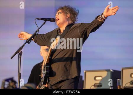 Hyde Park, UK. 7 Uhr Juli 2018, die Heilung Dachverkleidung Britische Sommerzeit ihr 40-jähriges Bestehen feiert, mit Robert Smith, Simon Gallup, Roger O'Donnell UK. Hyde Park London. © / alamy Leben Nachrichten Stockfoto