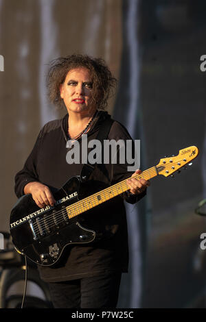 Hyde Park, UK. 7 Uhr Juli 2018, die Heilung Dachverkleidung Britische Sommerzeit ihr 40-jähriges Bestehen feiert, mit Robert Smith, Simon Gallup, Roger O'Donnell UK. Hyde Park London. © / alamy Leben Nachrichten Stockfoto