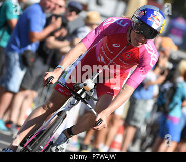 Frankfurt am Main, Deutschland. 08 Juli, 2018. Vom 8. Juli 2018, Frankfurt/Main, Deutschland: Daniela Ryf aus der Schweiz reiten ihr Fahrrad in der zweiten Runde während des Ironman Europameisterschaft. Foto: Arne Dedert/dpa Quelle: dpa Picture alliance/Alamy leben Nachrichten Stockfoto