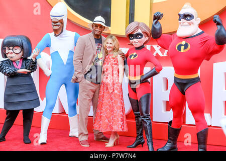 London, Großbritannien. 08 Juli, 2018. Samuel L. Jackson und Holly Hunter bei der BRITISCHEN Premiere von The Incredibles 2 am Sonntag, den 8. Juli 2018 BFI Southbank, London statt. Im Bild: Samuel L. Jackson, Holly Hunter. Stockfoto