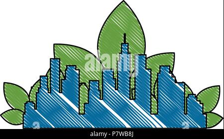 Grüne Stadt Gebäude und Blätter Stock Vektor