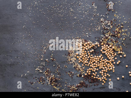 Haufen raw verschiedene Samen auf einem dunklen Hintergrund, Ansicht von oben Stockfoto