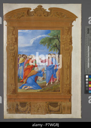 . Befehl an St. Peter ("Weide meine Schafe"). In de Ricci, Seymour, Volkszählung Handschriften des Mittelalters und der Renaissance in den Vereinigten Staaten und Kanada aufgeführt. New York. New York: H.W. Wilson, 1935; und Ergänzen, New York, N.Y.: Bibliographische Gesellschaft von Amerika, 1962. Ownership: für Kardinal Alexander Farnese ausgeführt, die es für Papst Paul III (1534-49) vorgestellt; erworben. 1800 von Charles Towneley; Towneley Verkauf (1883); Quaritch verkauft 1889 an Robert Lenox Kennedy. 1- und 4-line Gold, Rot und Blau Initialen, einige mit Dekoration, die sie umgibt - siehe w. 14, 24. Rahmen - wie Grenzen um Ima Stockfoto