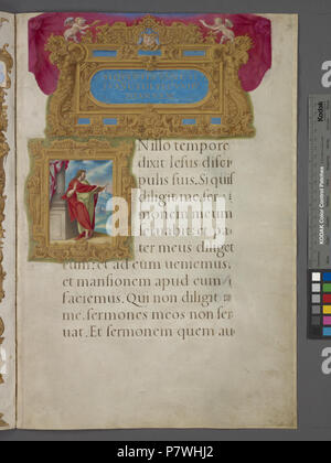 . Eröffnung des Evangelium des Johannes, mit Titel und Miniatur von Johannes in aufwendigen Grenzen.. In de Ricci, Seymour, Volkszählung Handschriften des Mittelalters und der Renaissance in den Vereinigten Staaten und Kanada aufgeführt. New York. New York: H.W. Wilson, 1935; und Ergänzen, New York, N.Y.: Bibliographische Gesellschaft von Amerika, 1962. Ownership: für Kardinal Alexander Farnese ausgeführt, die es für Papst Paul III (1534-49) vorgestellt; erworben. 1800 von Charles Towneley; Towneley Verkauf (1883); Quaritch verkauft 1889 an Robert Lenox Kennedy. 1- und 4-line Gold, Rot und Blau Initialen, einige mit Dekoration, die Ihnen - se Stockfoto