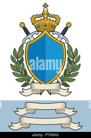 Cartoon Vector Illustration einer Royal Crest mit einem Kings Crown ein Schild zwei Schwerter zwei Olivenzweige und einen leeren Blättern. Alle Elemente auf Gut definieren Stock Vektor