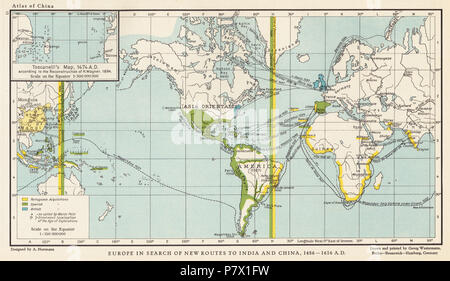 Europa auf der Suche nach neuen Routen nach Indien und China, 1486-1616 N.CHR., vom historischen und kommerziellen Atlas von China von Albert Herrmann. Maßstab: 1:150.000.000. 1935 154 Europa auf der Suche nach neuen Routen nach Indien und China, 1486-1616 A.D. Stockfoto