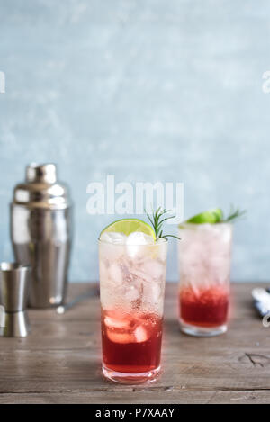 Sloe Gin Fizz Cocktail. Rosa kalten Alkohol trinken mit Eis, Kalk und Soda, kopieren. Stockfoto