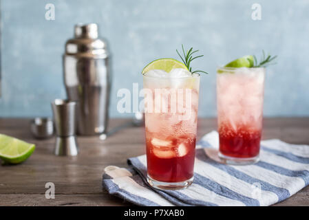 Sloe Gin Fizz Cocktail. Rosa kalten Alkohol trinken mit Eis, Kalk und Soda, kopieren. Stockfoto