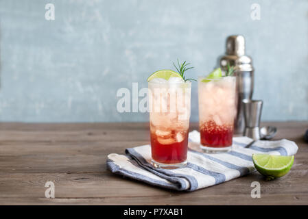 Sloe Gin Fizz Cocktail. Rosa kalten Alkohol trinken mit Eis, Kalk und Soda, kopieren. Stockfoto