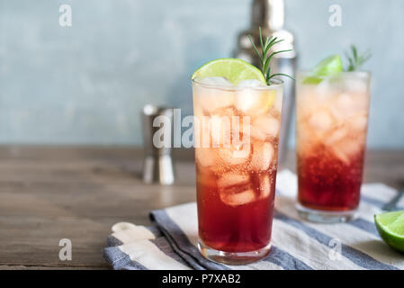 Sloe Gin Fizz Cocktail. Rosa kalten Alkohol trinken mit Eis, Kalk und Soda, kopieren. Stockfoto