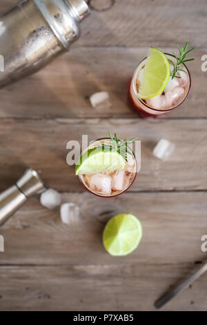 Sloe Gin Fizz Cocktail. Rosa kalten Alkohol trinken mit Eis, Kalk und Soda, kopieren. Stockfoto